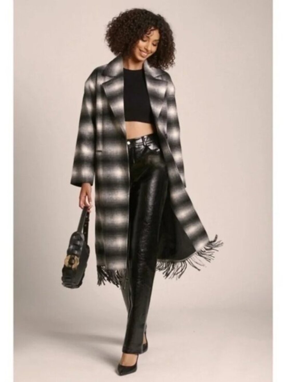 New Avec Les Filles Plaid Fringe Relaxed Coat Black White XS
